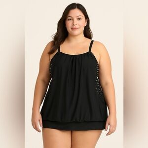 Swim by Cacique Black & White Polka Dot No Wire Tankini Top Women's Size 16